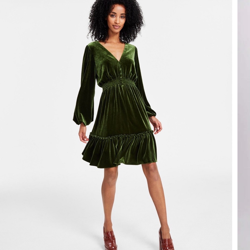 V-Neck Olive Green Velvet Long Sleeve A-Line Dress
